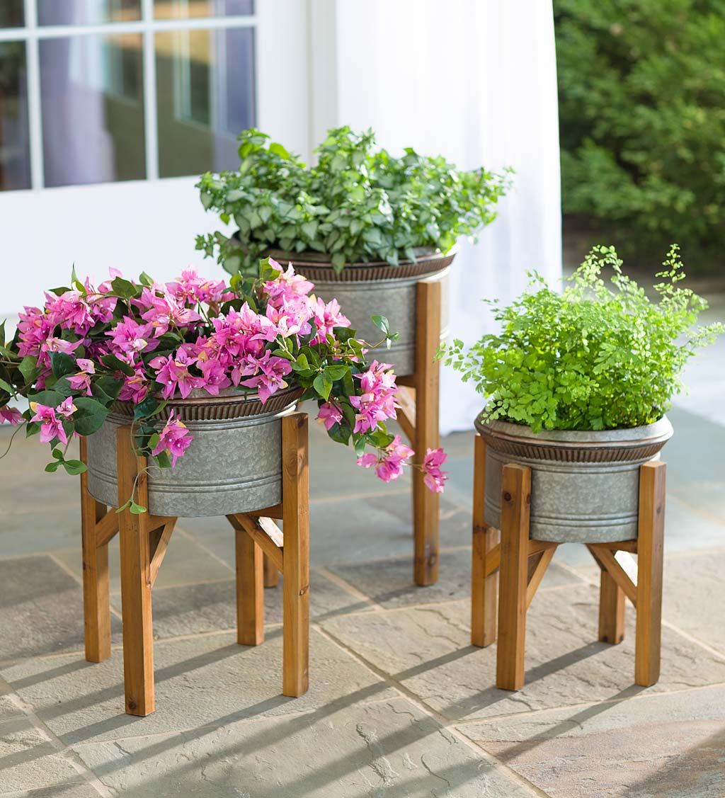 Galvanized Planters With Wooden Stands, Set Of 3 | Plowhearth Regarding Galvanized Plant Stands (View 10 of 15)