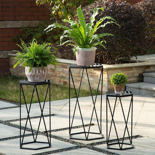 Glitzhome Set Of 3 Modern Hexagon Black Metal Plant Stand 2007200030 – The  Home Depot With Regard To Set Of 3 Plant Stands (View 10 of 15)