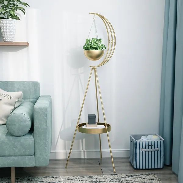 Half Moon Plant Stand With Shelf In Gold Modern End Table Homary Intended For Plant Stands With Side Table (View 3 of 15)