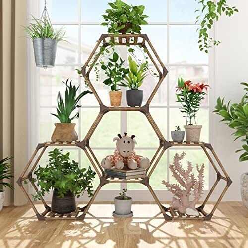 Hexagonal Plant Stand Indoor, Outdoor Wood Plants Shelf, 7 7 Tiers Hexagon  | Ebay With Regard To Hexagon Plant Stands (View 1 of 15)