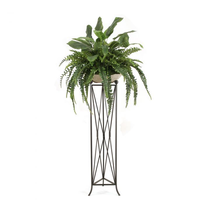Mixed Greenery With Fern And Bird Of Paradise In Bowl With Tall Plant Stand  – Distinctive Designs Intended For Tall Plant Stands (View 8 of 15)