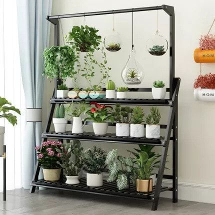Multi Storey Flower Rack With Hanging Bar Bamboo Indoor Outdoor Flower Stand  | Wooden Plant Stands, Plant Stand, Plant Shelves In Green Plant Stands (View 5 of 15)