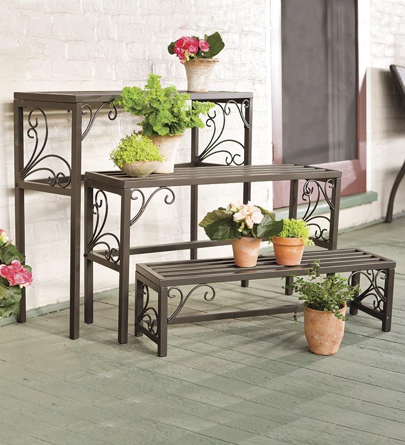 Nesting Metal Plant Stands With Scrollwork, Set Of Three | Plowhearth Regarding Set Of Three Plant Stands (View 1 of 15)