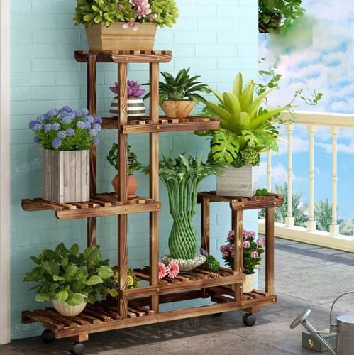 Rustic Wood Rolling Flower Plant Stand Shelf Bonsai Display Rack Tall F  Indoor | Ebay Within Rustic Plant Stands (View 15 of 15)