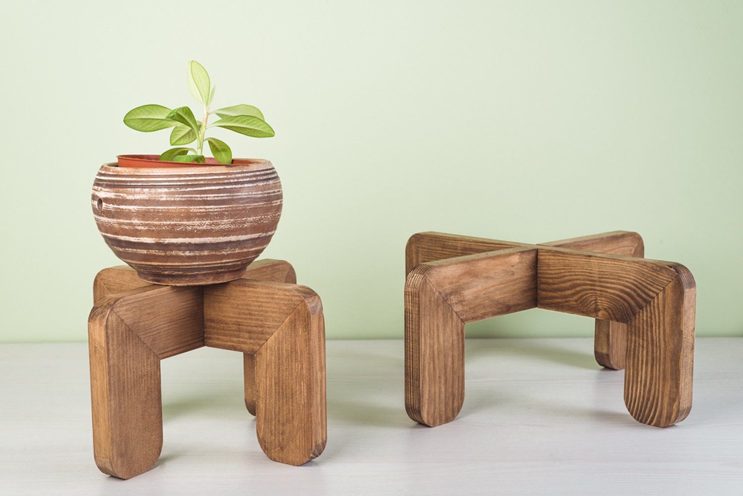 Set Of 2 Wood Indoor Plant Stands Rustic Plant Stand Mid – Etsy Within Rustic Plant Stands (View 2 of 15)