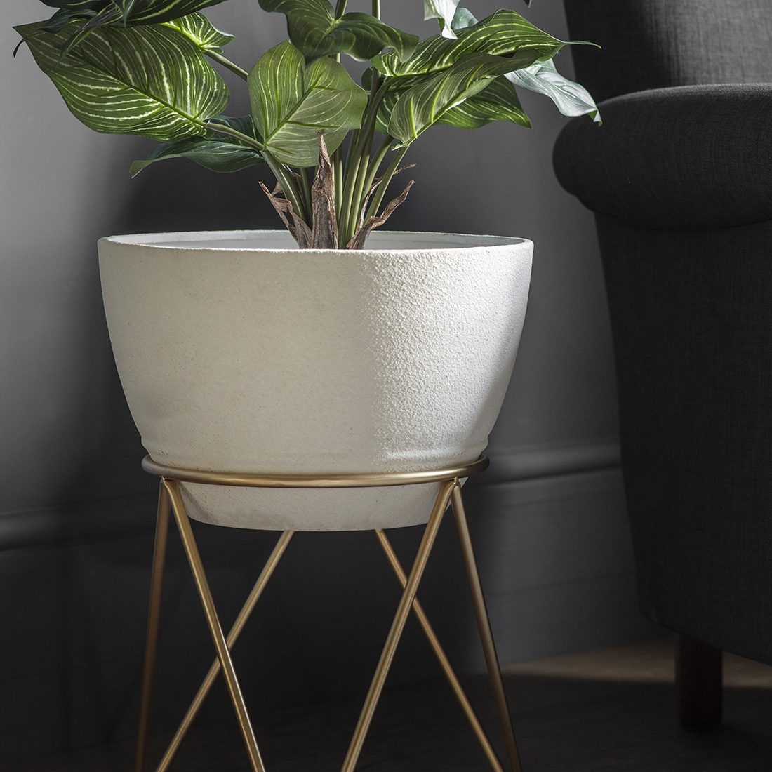 Set Of Two Ivory Planters With Gold Geometric Stand – Primrose & Plum In Ivory Plant Stands (View 1 of 15)