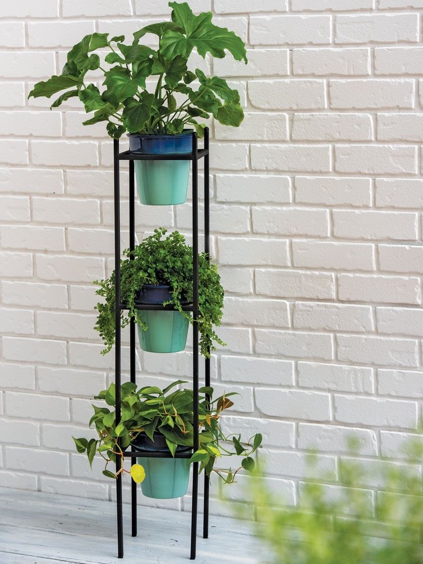 Steel Vertical Plant Stand With 3 Blue Metal Pots | Gardeners In Green Plant Stands (View 9 of 15)