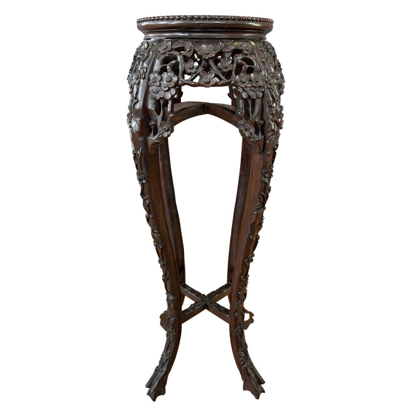 Tall 19th Century Chinese Carved Rosewood And Marble Plant Stand – Past  Perfect With Carved Plant Stands (View 15 of 15)