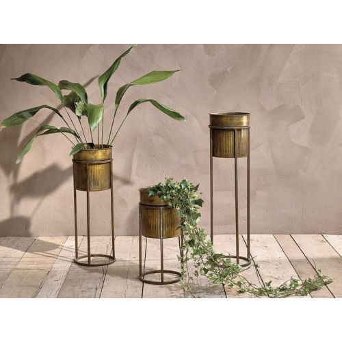 Tall Standing Brass Planter, Antique Gold Iron Metal Planter, 3 Sizes,  Round Brass Plant Pot Cover, Ribbed Pot, Pot With Stand, Planter With Legs,  Tall Pot, Nkuku Kadassa With Brass Plant Stands (View 6 of 15)