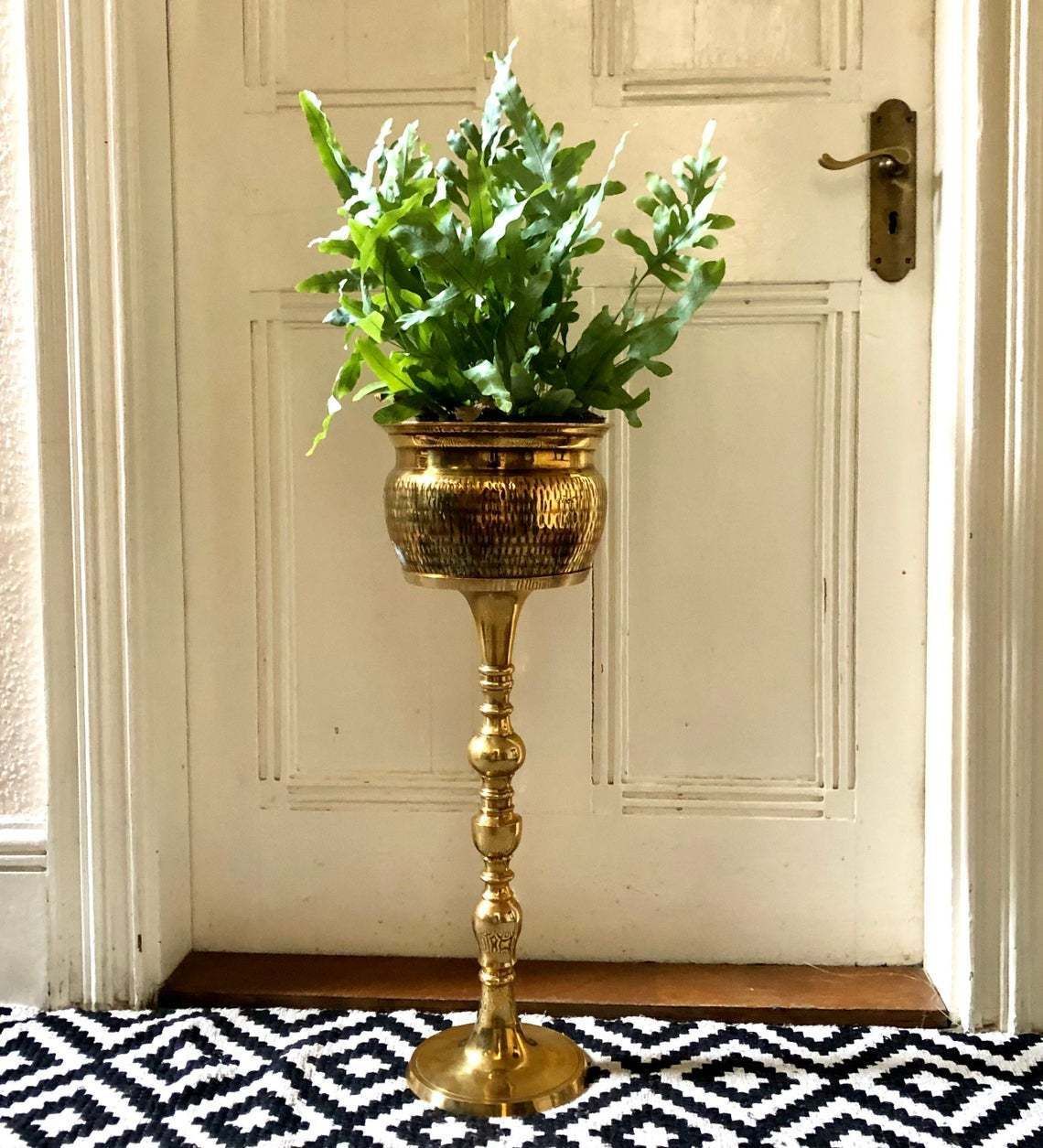 Vintage Brass Planter And Plant Stand 25”, Tall Pedestal And Brass  Jardiniere, Gold Plinth | Vinterior Inside Brass Plant Stands (View 7 of 15)