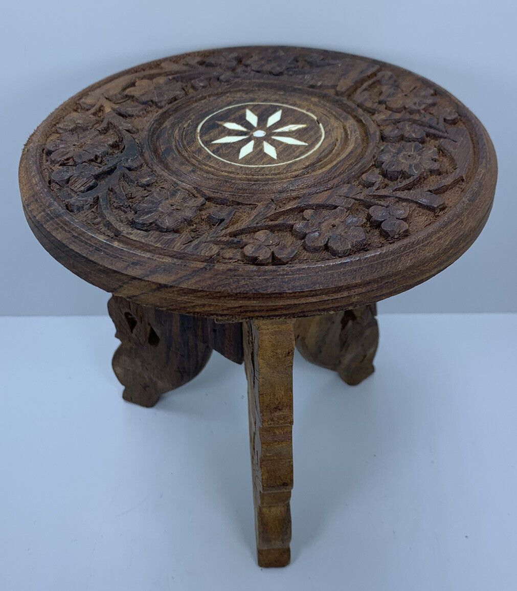 Vintage Hand Carved Wooden Plant Stand 6" Tall Inlaid Floral Made In India  (1) Throughout Carved Plant Stands (View 11 of 15)