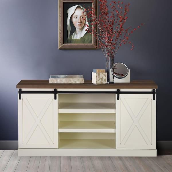 15.75 In. Ivory White Mdf Modern Buffet Sideboard With Sliding Double Barn  Door And Oak Color Table Top Thd If 532 – The Home Depot In Sideboards Double Barn Door Buffet (Photo 3 of 15)