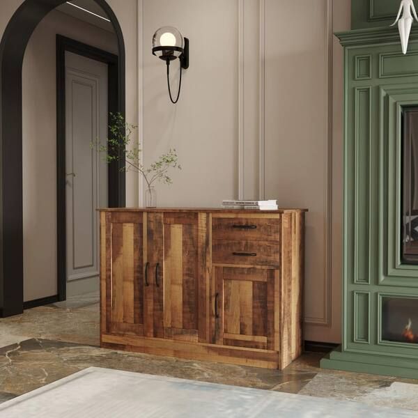 43.31 In. W Dark Walnut Modern Wood Buffet Sideboard With 3 Doors And 2  Drawers Zq W33137241 – The Home Depot With Regard To Rustic Walnut Sideboards (Photo 5 of 15)