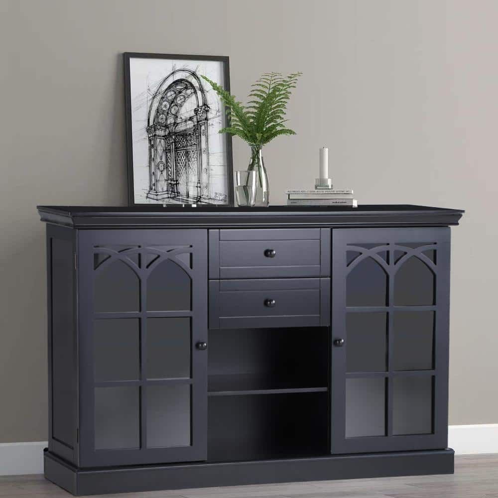 47 In. Classic Black Mdf With Premium Painted Modern Buffet Sideboard With  2 Drawers And Tempered Glass Door Thd If 522 – The Home Depot Within Sideboards With Power Outlet (Photo 12 of 15)
