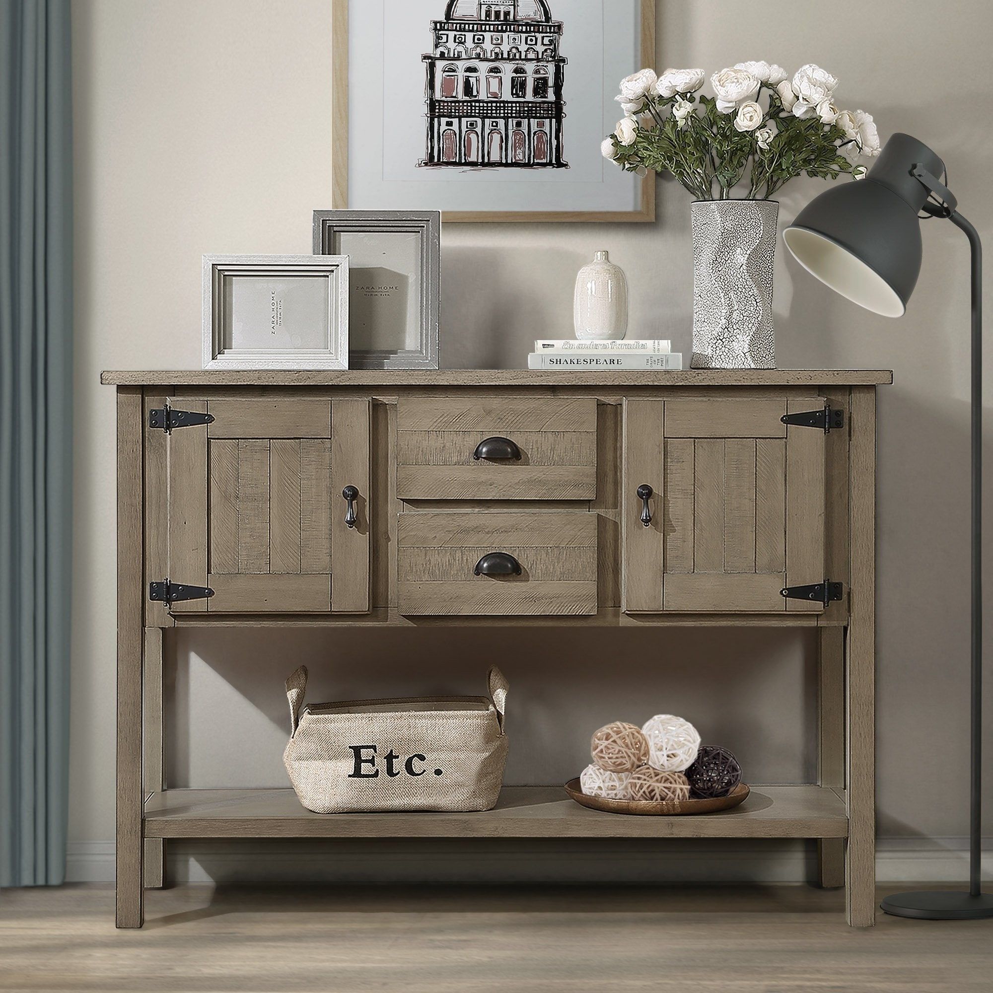 48'' Solid Wood Sideboard Console Table With 2 Drawers And Cabinets And  Bottom Shelf – Bed Bath & Beyond – 38422730 Intended For Sideboards Cupboard Console Table (Photo 8 of 15)