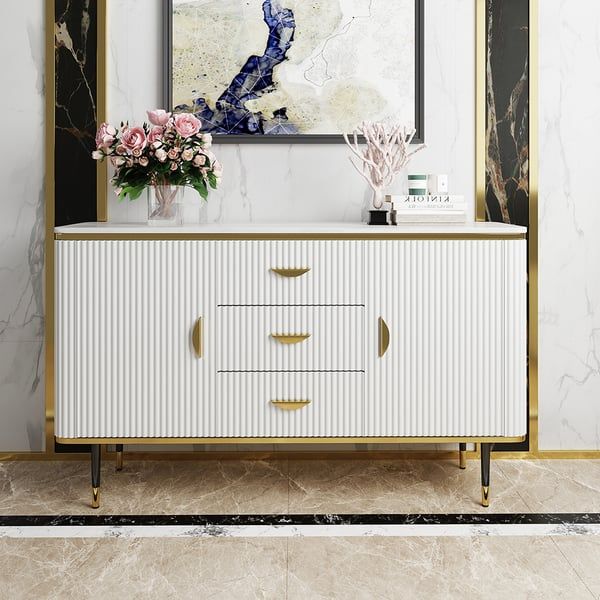 59" Modern White Sideboard With 3 Drawers & 2 Doors And Faux Marble Top In  Large Homary Within Sideboards With 3 Drawers (Photo 8 of 15)