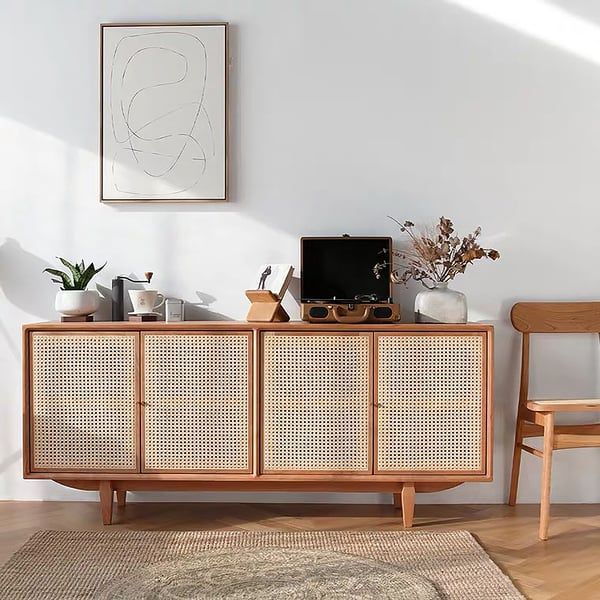 63" Nordic Natural Sideboard Buffet Rattan Kitchen Cabinet 4 Doors 4  Shelves In Small Homary Intended For Assembled Rattan Sideboards (View 7 of 15)