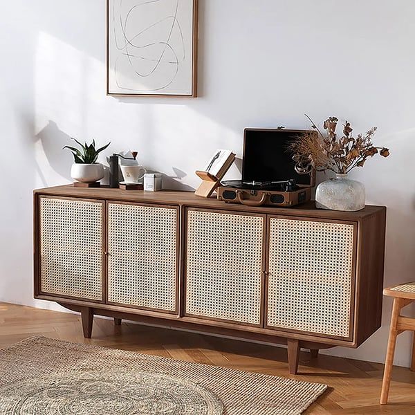 70" Nordic Walnut Sideboard Buffet Rattan Kitchen Cabinet With 4 Doors 4  Shelve In Large Homary Regarding Assembled Rattan Buffet Sideboards (View 15 of 15)