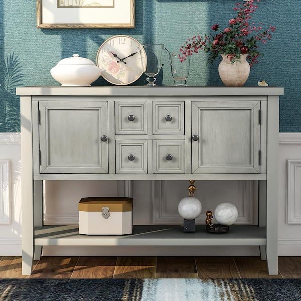 Anbazar 47 In. Grey Antique Console Table With Bottom Shelf Sideboard Buffet  With 2 Cabinets And 2 Drawers For Entryway Kz 020 E – The Home Depot In Entry Console Sideboards (Photo 4 of 15)