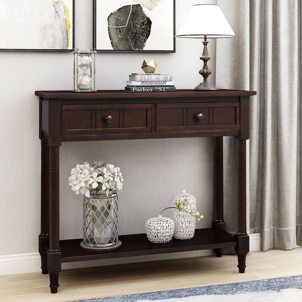 Anbazar Espresso Narrow Console Table Sofa Table With Drawers Wood Entryway  Table With Drawers And Bottom For Living Room Kz 047 B – The Home Depot With Regard To Entry Console Sideboards (Photo 10 of 15)
