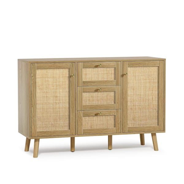 Aupodin Rattan Buffet Sideboard With 3 Drawers, Entryway Serving Accent  Storage Cabinet Natural Oak H0028 – The Home Depot Intended For Assembled Rattan Sideboards (Photo 3 of 15)