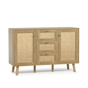 Aupodin Rattan Buffet Sideboard With 3 Drawers, Entryway Serving Accent  Storage Cabinet Natural Oak H0028 – The Home Depot Pertaining To Assembled Rattan Buffet Sideboards (View 6 of 15)