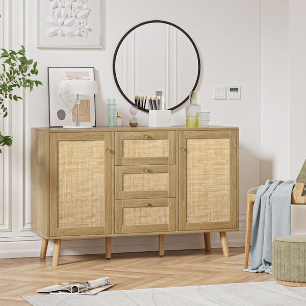 Aupodin Rattan Buffet Sideboard With 3 Drawers, Entryway Serving Accent  Storage Cabinet Natural Oak H0028 – The Home Depot Pertaining To Assembled Rattan Sideboards (View 2 of 15)