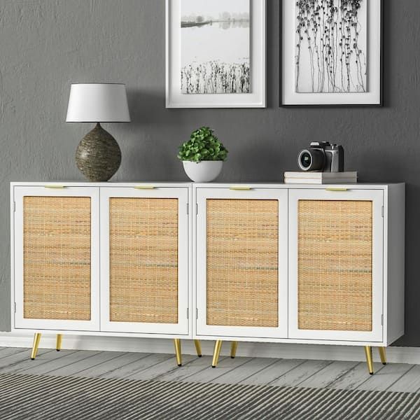 Aupodin Rattan White Accent Cabinet Free Standing Sideboard Buffet Storage  Cabinet With Doors H0059 – The Home Depot In Rattan Buffet Tables (View 6 of 15)