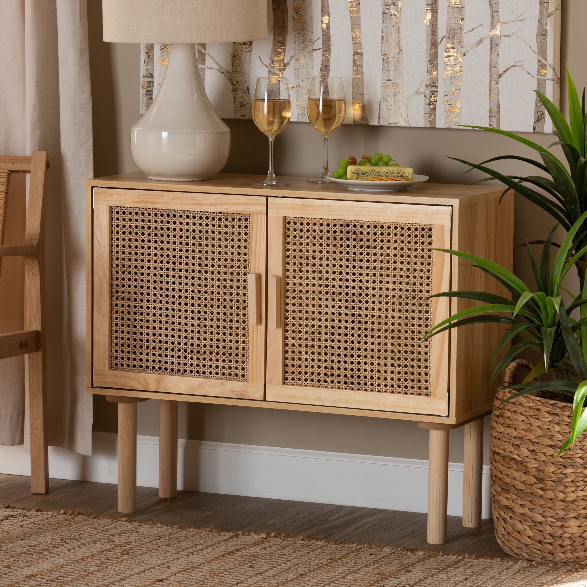 Baxton Studio Maclean Mid Century Modern Rattan And Natural Brown Finished  Wood 2 Door Sideboard Buffet – Walmart Within Brown Finished Wood Sideboards (View 4 of 15)