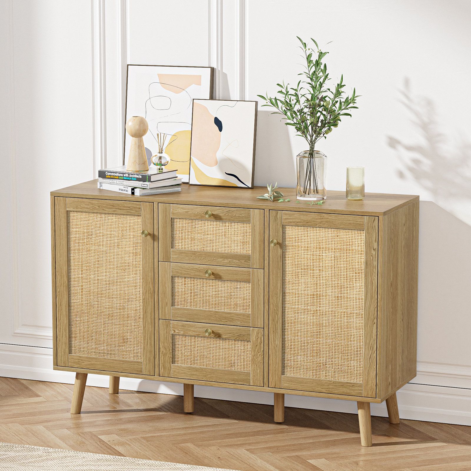 Bay Isle Home Stoudt Rattan Sideboard Buffet Cabinet, 3 Drawers And 2 Doors  Accent Storage Cabinet With Adjustable Shelves | Wayfair Within Assembled Rattan Buffet Sideboards (Photo 13 of 15)