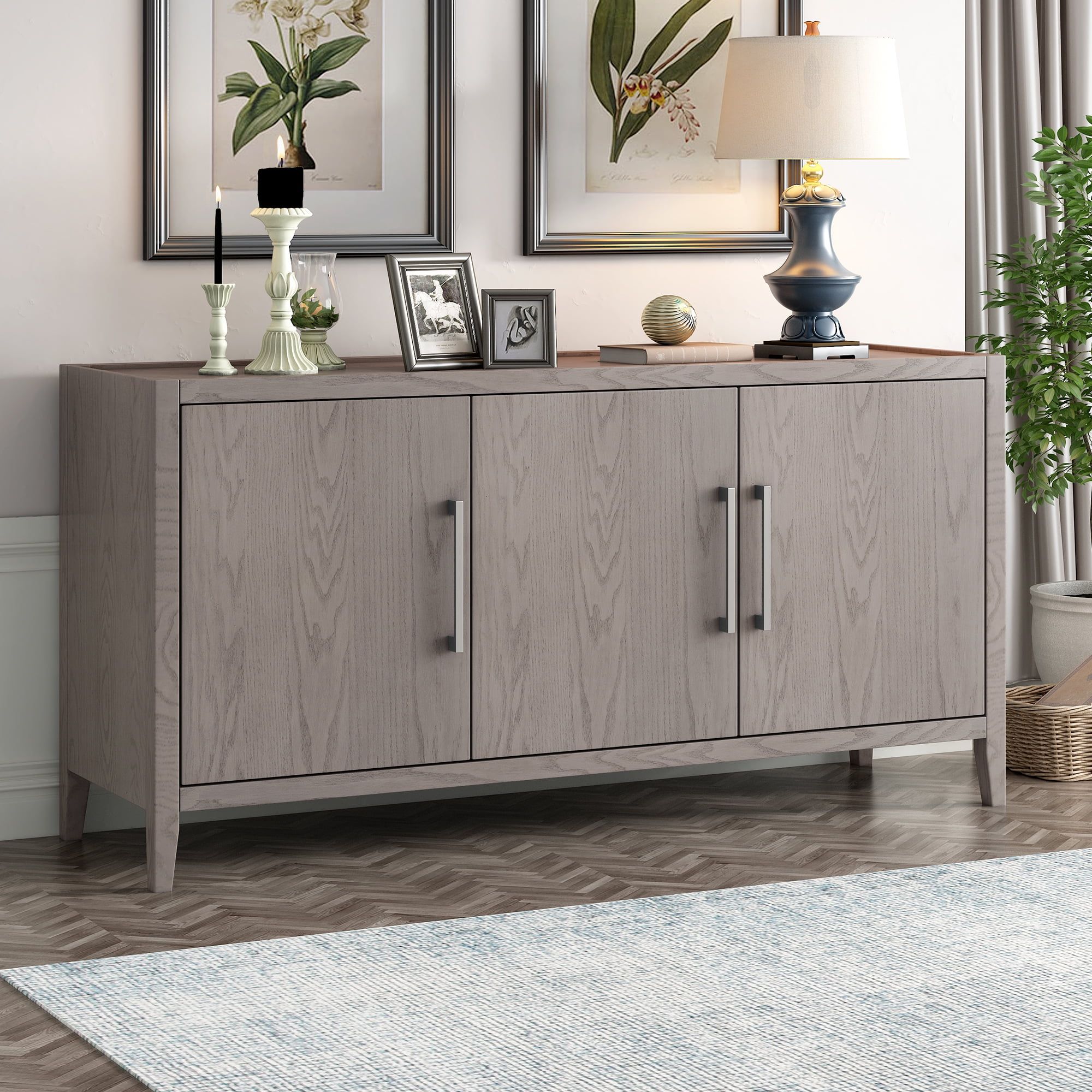 Beige Storage Cabinet, Sideboard Cabinet Furniture, Accent Storage Cabinet  With 3 Doors And Adjustable Shelves, Retro Wood Buffet Sideboard, Kamida Storage  Cabinet For Kitchen Dining Room Living Room – Walmart Within 3 Door Accent Cabinet Sideboards (View 4 of 15)
