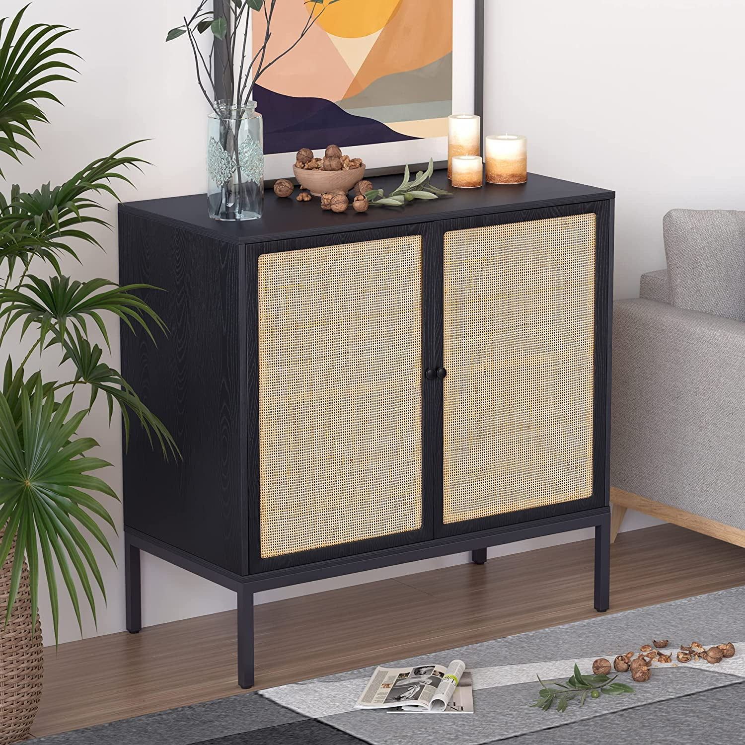 Black Boho Style Sideboard With Handmade Natural Rattan Doors, Rattan  Cabinet Console Table Storage Cabinet Buffet Cabinet, For Kitchen, Living  Room, Hallway, Entryway – Walmart With Rattan Buffet Tables (Photo 5 of 15)