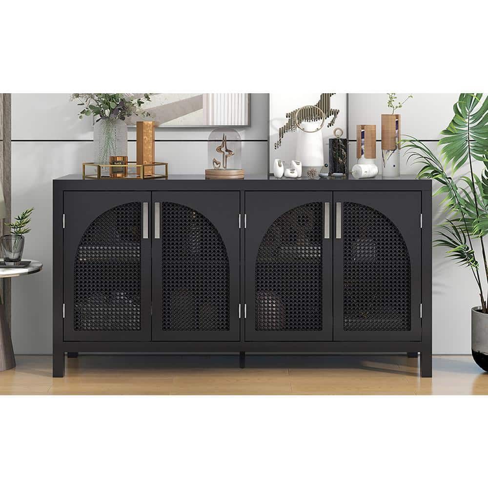 Black Wood 60 In. 4 Rattan Door Sideboard Modern Buffet Cabinet With  Adjustable Shelves And Large Storage Space Fy Wf305237aab – The Home Depot In Rattan Buffet Tables (Photo 15 of 15)