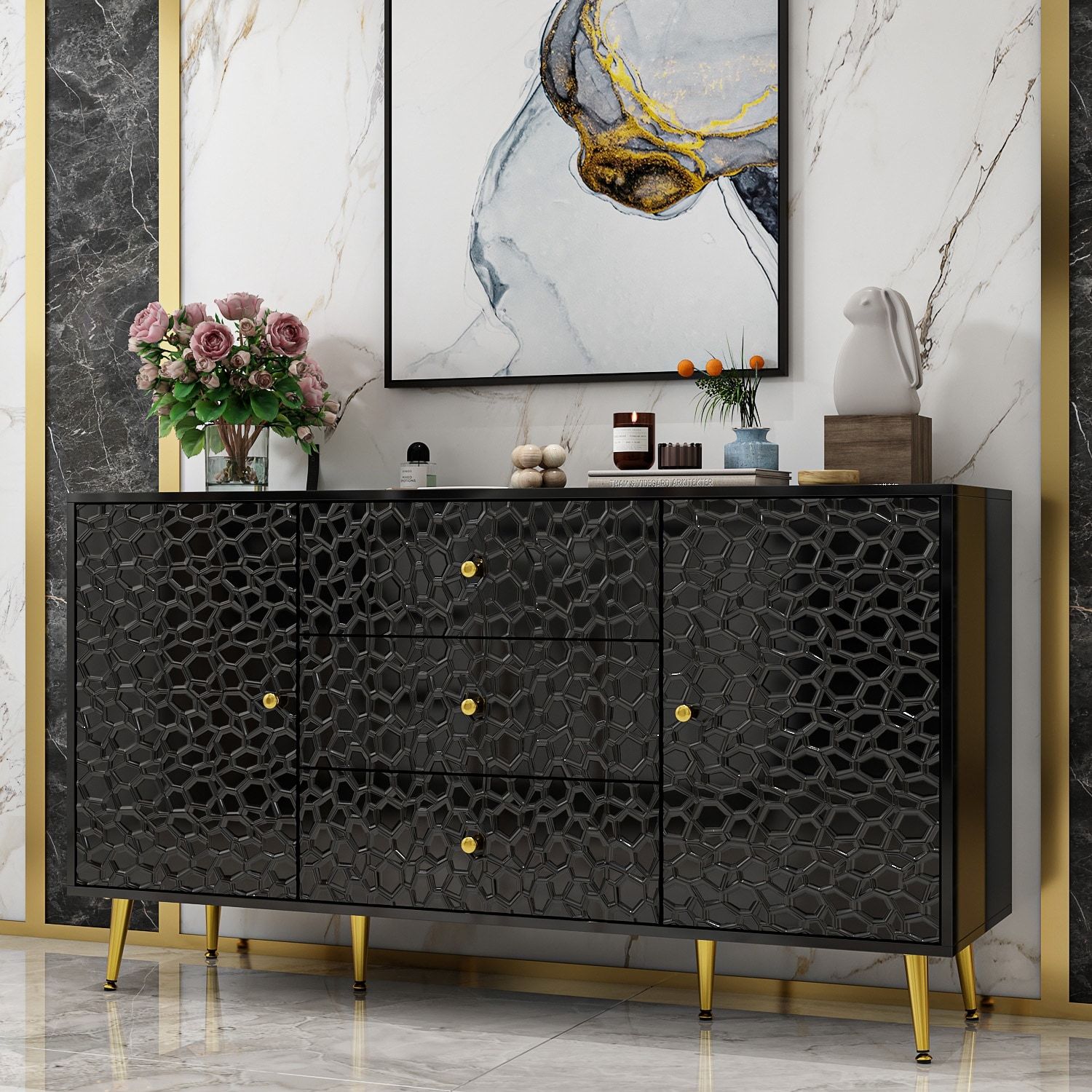 Buffet Accent Cabinet Sideboard Cabinet With Gold Legs, Black/white –   (View 6 of 15)