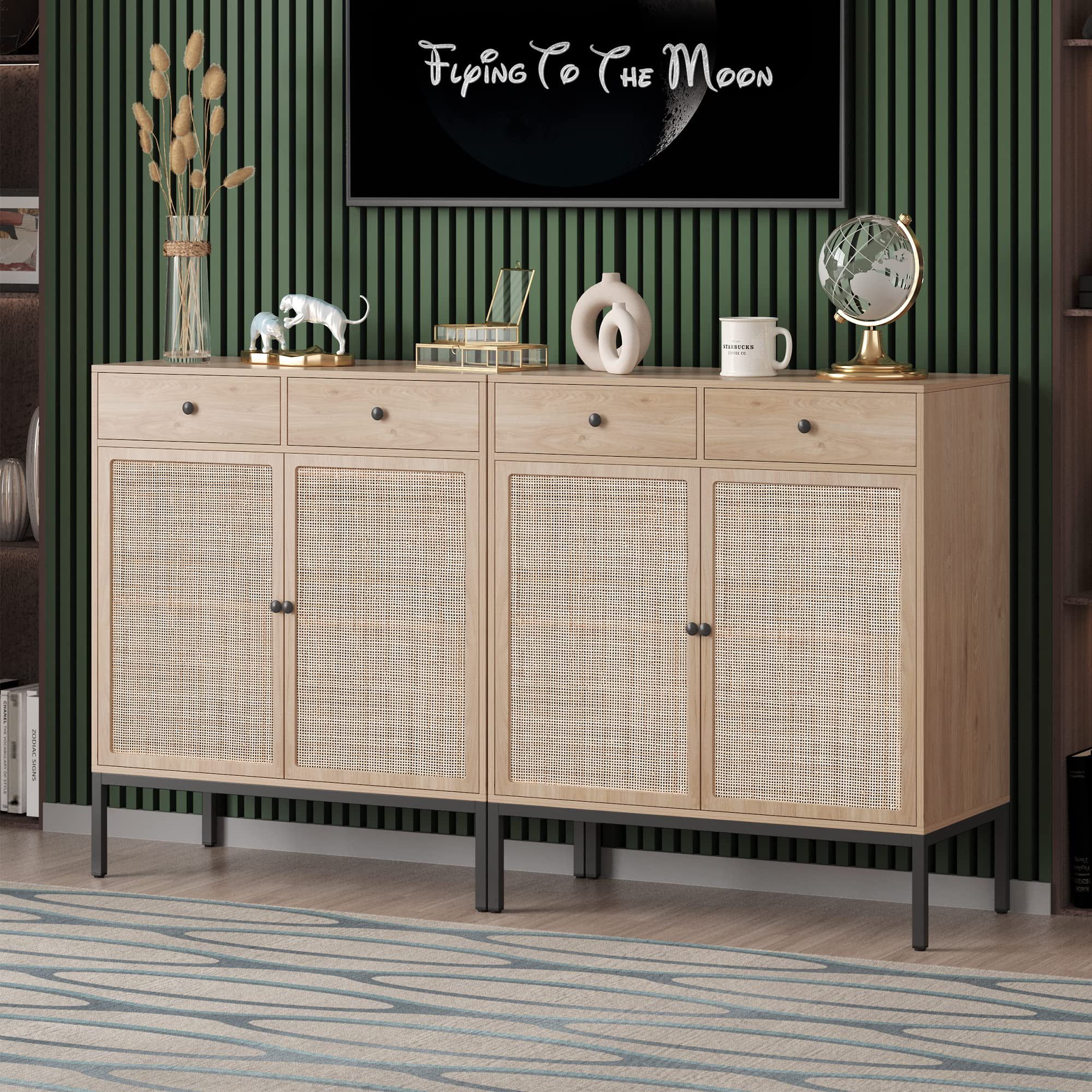 Buffet Sideboard Cabinets With Handmade Natural Rectangle Rattan Doors Set  Of 2, Accent Oak Color Entryway Chest Console Table With Storage Cabinet  For Dining Room, Living Room, Kitchen – Walmart Intended For Assembled Rattan Buffet Sideboards (View 10 of 15)