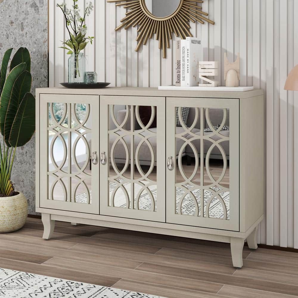Champagne Wood 47.2 In. Sideboard Modern Buffet Cabinet Storage Console  With 3 Glass Doors And Adjustable Shelves Fy Wf304918aan – The Home Depot Throughout Sideboards With Power Outlet (Photo 5 of 15)
