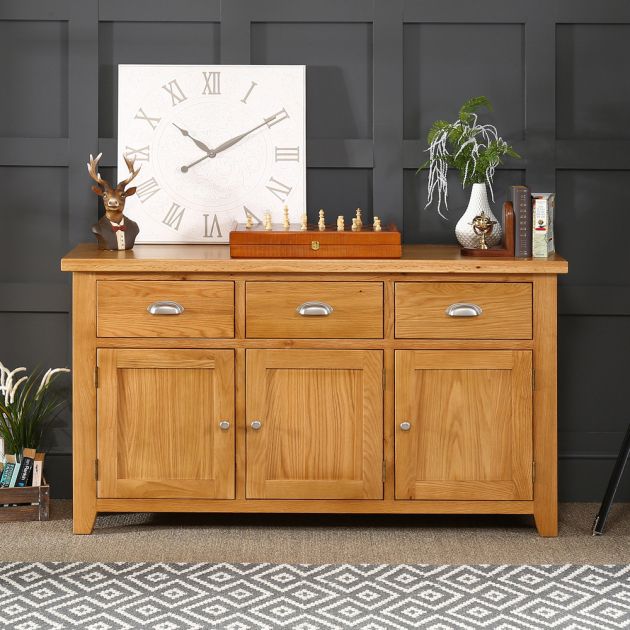 Cheshire Oak Large 3 Drawer 3 Door Sideboard | The Furniture Market Throughout Sideboards With 3 Doors (View 10 of 15)