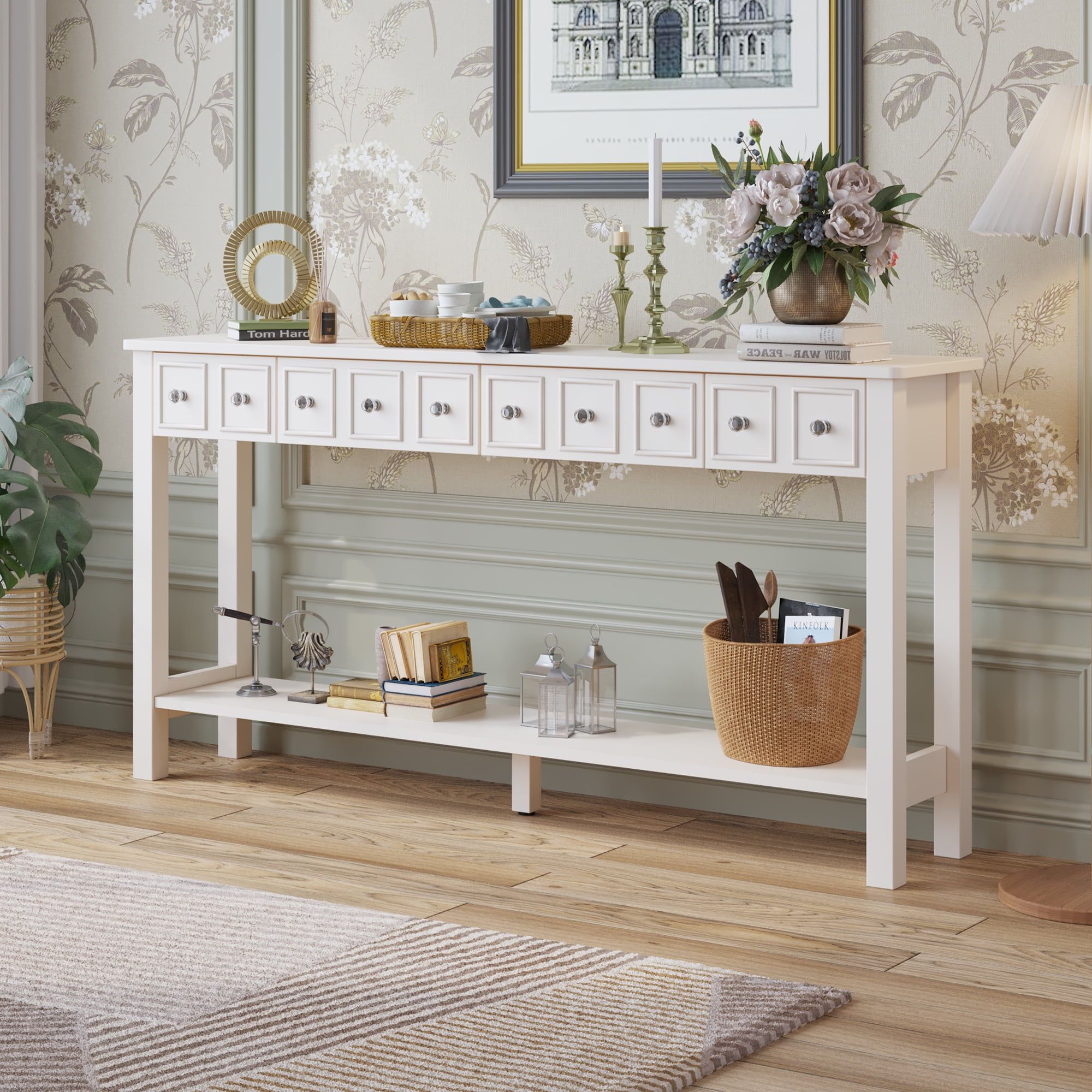 Console Sofa Table With 4 Drawers, 58'' Wood Buffet Sideboard Desk W/bottom  Shelf, Retro Tall Entryway Table W/ Mdf Panel For Kitchen Dining Room  Cupboard, 144lbs, Ivory White, Ss1202 – Walmart For Sideboards Cupboard Console Table (Photo 7 of 15)