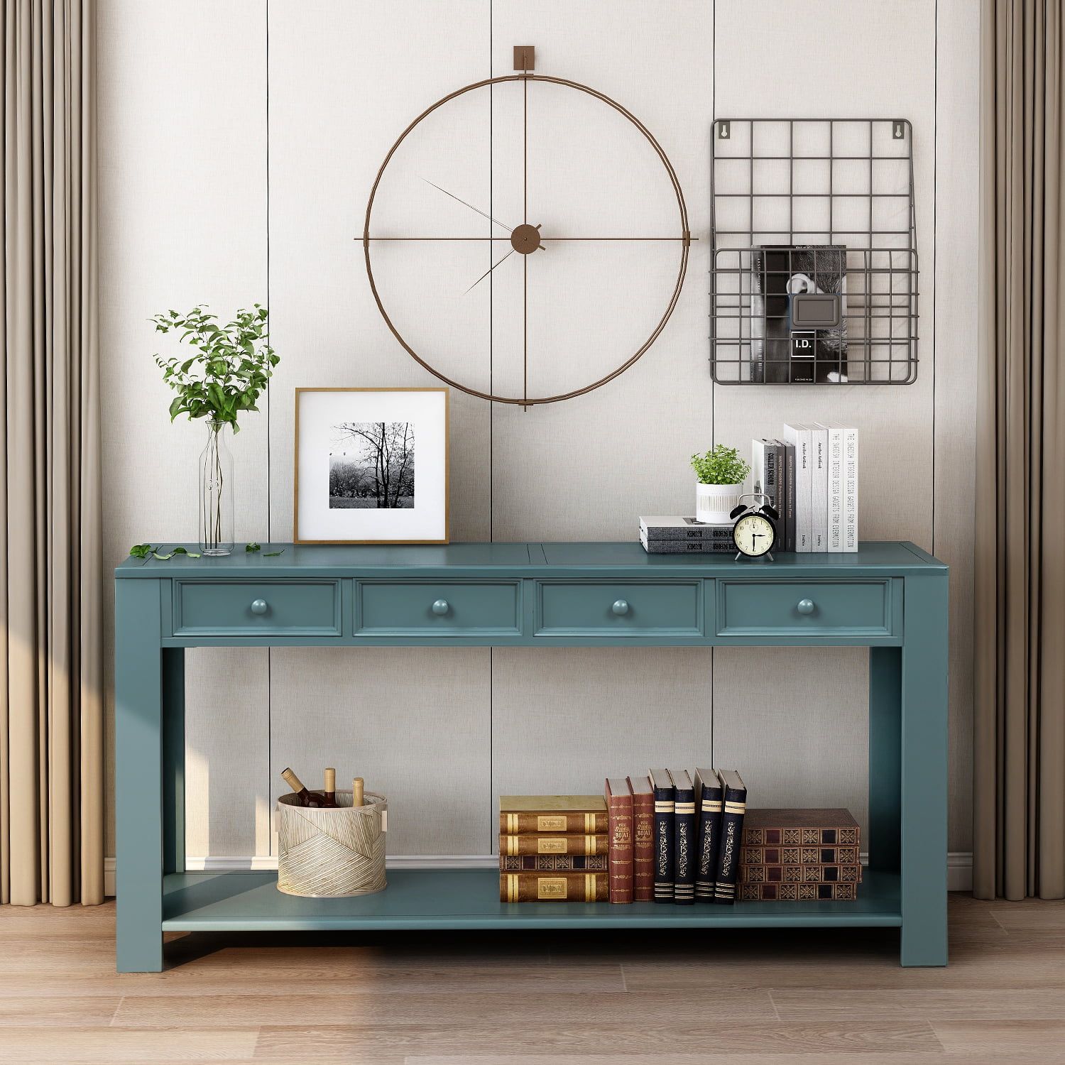 Console Table Buffet Cabinet Sideboard Sofa Entry Desk With 4 Storage  Drawers, Bottom Shelf, Solid Wood Frame Buffet Sideboard Desk Console Table  Entryway Table, 64"l X 15"w X 30"h, Dark Blue, Q7142 – In Entry Console Sideboards (View 3 of 15)