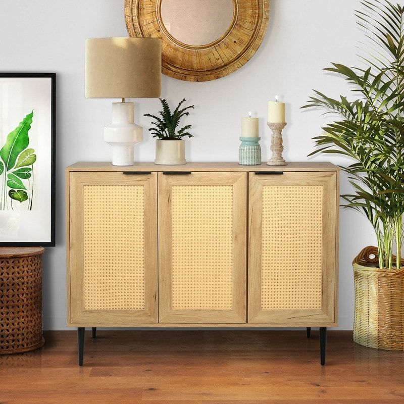 Elegant Rattan Sideboard Buffet, Accent Natural Storage Cabinet With Doors  And Shelves, Console Table For Entryway, Living Room – On Sale – Bed Bath &  Beyond – 37823592 Pertaining To Rattan Buffet Tables (View 13 of 15)