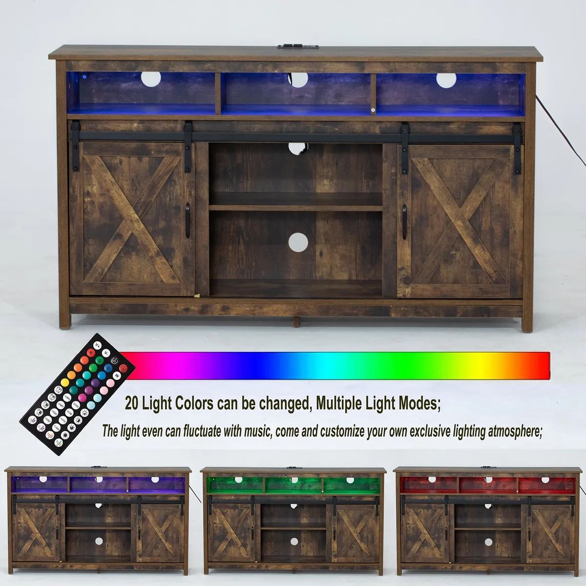 Farmhouse Led Coffee Bar Cabinet Barn Door Sideboard Buffet With Power  Outlet | Ebay Within Sideboards With Power Outlet (View 3 of 15)