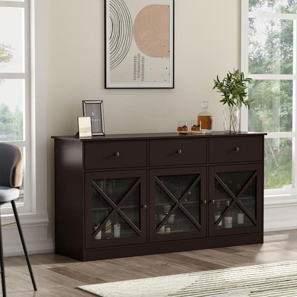 Fufu&gaga 62 In. Dark Brown Sideboard With 3 Drawer And 3 Doors White  Cabinets With Large Storage Spaces Kf260033 02 – The Home Depot With Regard To Sideboard Storage Cabinet With 3 Drawers &amp; 3 Doors (Photo 5 of 15)