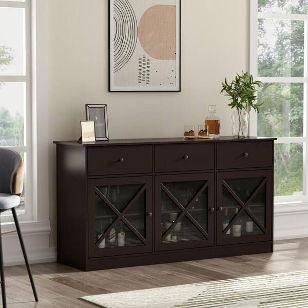 Fufu&gaga 62 In. Dark Brown Sideboard With 3 Drawer And 3 Doors White  Cabinets With Large Storage Spaces Kf260033 02 – The Home Depot Within Sideboards With 3 Drawers (Photo 10 of 15)