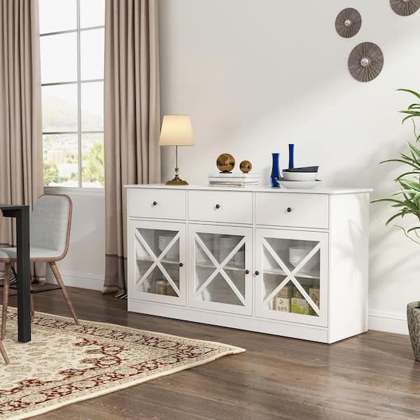 Fufu&gaga 62 In. White Sideboard With 3 Drawer And 3 Doors White Cabinets  With Large Storage Spaces Kf260033 01 – The Home Depot Regarding Sideboard Storage Cabinet With 3 Drawers &amp; 3 Doors (Photo 6 of 15)