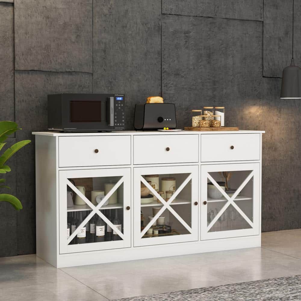 Fufu&gaga 62 In. White Sideboard With 3 Drawer And 3 Doors White Cabinets  With Large Storage Spaces Kf260033 01 – The Home Depot Regarding Sideboard Storage Cabinet With 3 Drawers &amp; 3 Doors (Photo 4 of 15)