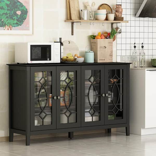 Fufu&gaga Black Modern Wood Buffet Sideboard With Storage Cabinet, Glass  Doors, And Adjustable Shelves For Kitchen Dining Room Kf330001 02 – The  Home Depot For Buffet Tables For Dining Room (View 2 of 15)
