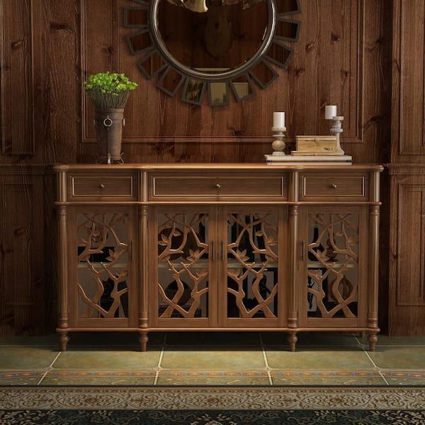 Fufu&gaga Brown Distressed Paint Finish Buffets & Sideboards Storage  Cabinet With Hollow Out Carved Glass Doors And Drawers Kf390002 01 – The  Home Depot Intended For Brown Finished Wood Sideboards (Photo 11 of 15)
