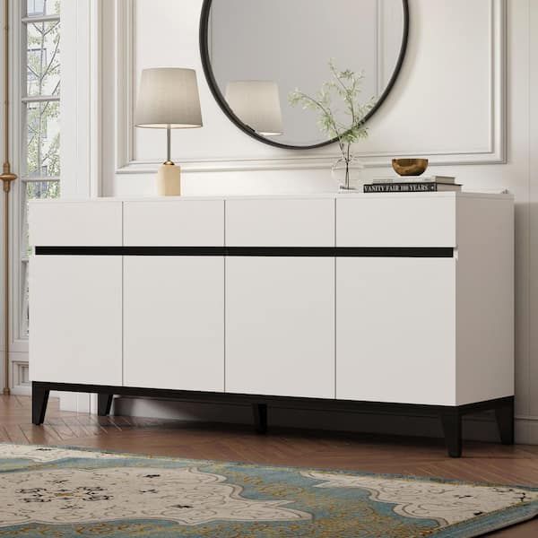 Fufu&gaga Sideboard Buffet Storage Cabinet With Doors And 4 Drawers,  Kitchen Cupboard Cabinet With Adjustable Shelves In White Kf210179 01 – The  Home Depot Regarding Buffet Cabinet Sideboards (Photo 9 of 15)