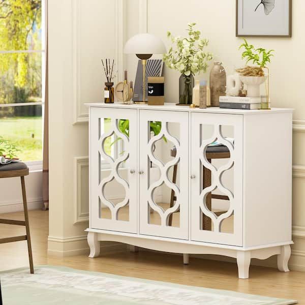 Fufu&gaga White Mirrored Wooden Accent Storage Cabinet, Sideboard, Wine Storage  Cabinet With 3 Doors And 6 Shelves Lbb Kf330040 01 – The Home Depot With Regard To 3 Door Accent Cabinet Sideboards (Photo 7 of 15)