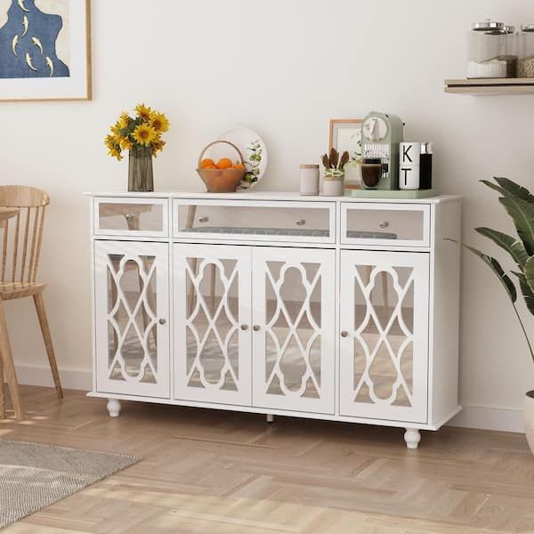 Fufu&gaga White Paint 4 Doors Mirrored Buffet Cabinet Sideboard With 3  Mirror Drawers And Adjustable Shelves For Kitchen Dining Kf330041 01 – The  Home Depot Intended For Buffet Cabinet Sideboards (Photo 4 of 15)
